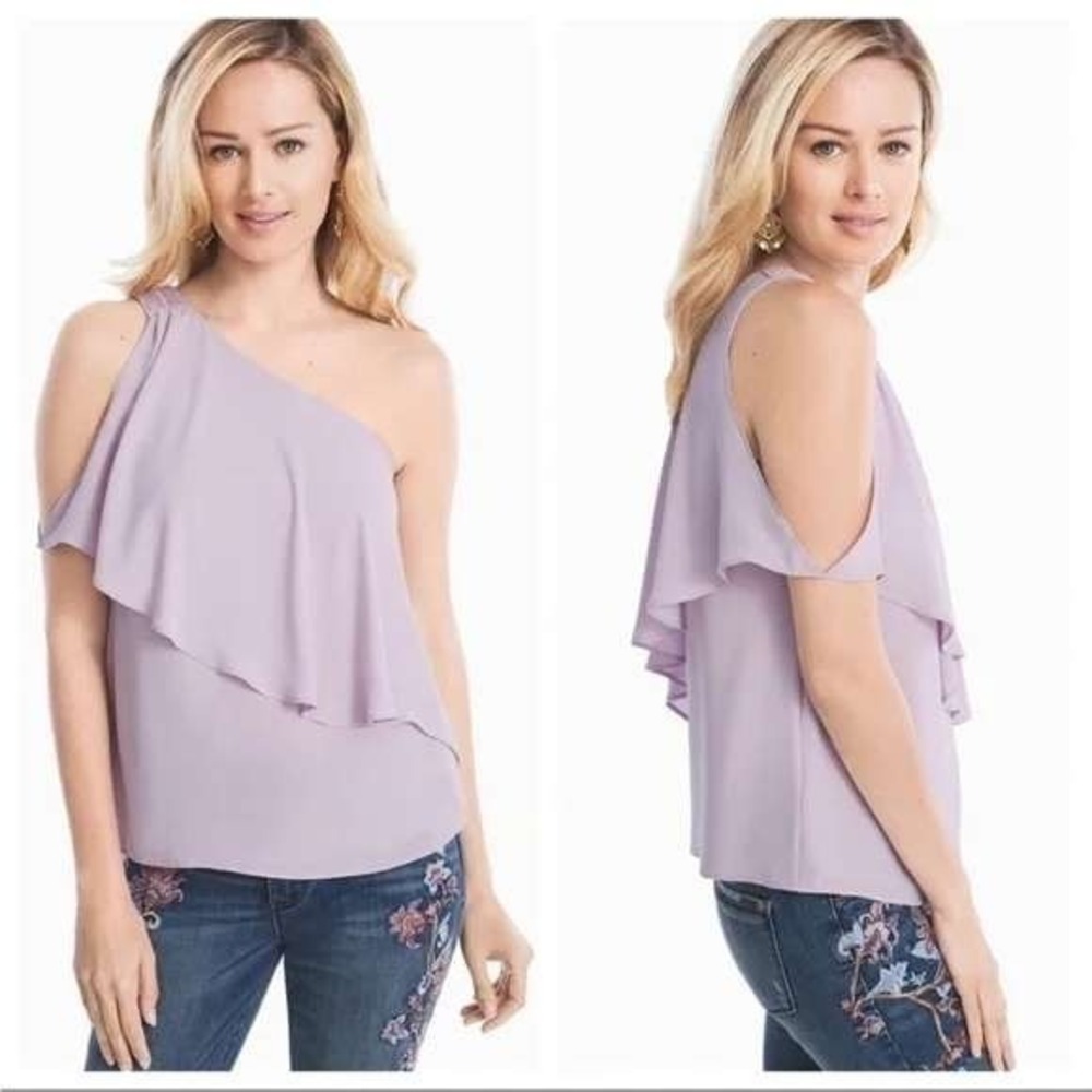 White House Black Market One‎ Shoulder Ruffle Blouse Lavender Asymmetric Size 12